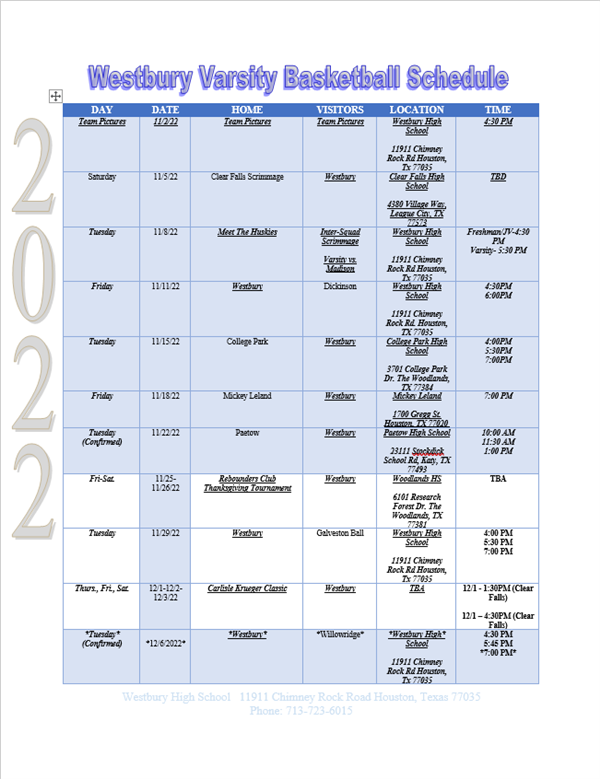 Basketball - Boys / Varsity and Sub-varsity Schedules